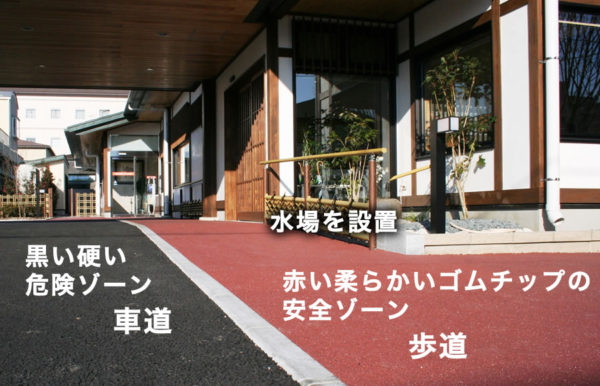 足裏の感覚と色のコントラストの違いを頼りに安全に歩行。同時に、目の不自由な方が、医院の入口を水の音で判断できるように配慮。